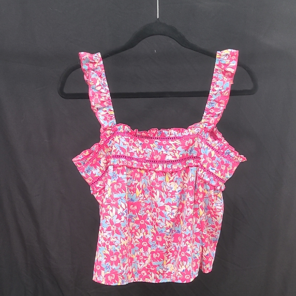 B.O.G. Collective Women's Pink Floral Crop Top W Flutter Straps  M Boho Peasant